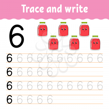 Number 6. Trace and write. Handwriting practice. Learning numbers for kids. Education developing worksheet. Color activity page. Isolated vector illustration in cute cartoon style.