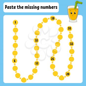 Paste the missing numbers. Handwriting practice. Learning numbers for kids. Education developing worksheet. Color activity page. Glass juice. Isolated vector illustration in cartoon style.