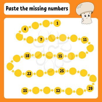 Paste the missing numbers. Handwriting practice. Learning numbers for kids. Education developing worksheet. Color activity page. Mushroom champignon. Isolated vector illustration in cartoon style.