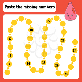 Paste the missing numbers. Handwriting practice. Learning numbers for kids. Education developing worksheet. Color activity page. Wash detergent. Isolated vector illustration in cartoon style.