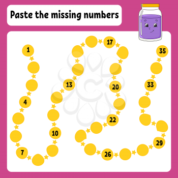 Paste the missing numbers. Handwriting practice. Learning numbers for kids. Glass jar. Education developing worksheet. Color activity page. Isolated vector illustration in cartoon style.