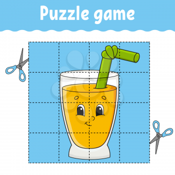 Puzzle game for kids. Education developing worksheet. Learning game for children. Glass juice. Color activity page. For toddler. Riddle for preschool. Isolated vector illustration in cartoon style.
