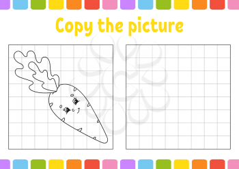 Copy the picture. Coloring book pages for kids. Education developing worksheet. Vegetable carrot. Game for children. Handwriting practice. Funny character. Cute cartoon vector illustration.