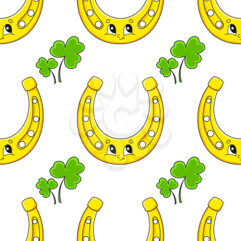 Color seamless pattern. Golden horseshoe. St. Patrick's Day. Cartoon style. Hand drawn. Vector illustration isolated on white background.