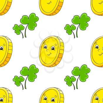Color seamless pattern. Gold coin. St. Patrick's Day. Cartoon style. Hand drawn. Vector illustration isolated on white background.