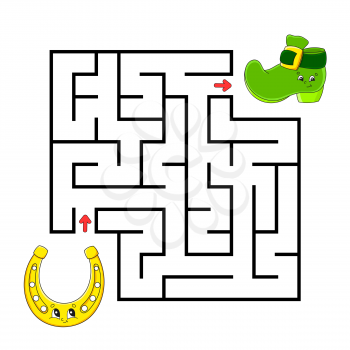 Square maze. Horseshoe and boot. Game for kids. Puzzle for children. Labyrinth conundrum. Color vector illustration. Isolated vector illustration. Cartoon character.