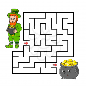 Square maze. Game for kids. Leprechaun and pot. Puzzle for children. Labyrinth conundrum. Color vector illustration. Isolated vector illustration. Cartoon character.