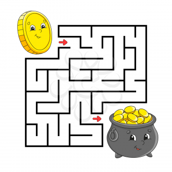 Square maze. Game for kids. Coin and pot of gold. Labyrinth conundrum. Color vector illustration. Isolated vector illustration. Cartoon character.