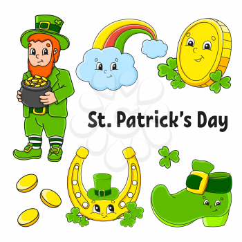 Set of color stickers for kids. Leprechaun with a pot of gold, boot, gold coin, clover, magic rainbow, horseshoe. St. Patrick's Day. Cartoon characters. Black stroke. Isolated vector illustration.