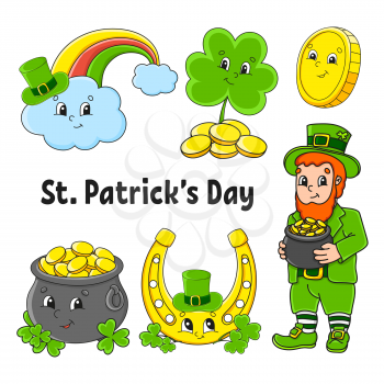 Set of color stickers for kids. Leprechaun with a pot of gold, gold coin, clover, golden horseshoe, magic rainbow. St. Patrick's Day. Cartoon characters. Black stroke. Isolated vector illustration.