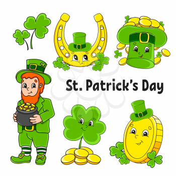 Set of color stickers for kids. Leprechaun with a pot of gold, gold coin, green clover, hat, golden horseshoe. St. Patrick's Day. Cartoon characters. Black stroke. Isolated vector illustration.