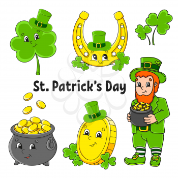 Set of color stickers for kids. St. Patrick's Day. Leprechaun with a pot of gold, gold coin, clover with hat, golden horseshoe. Cartoon characters. Black stroke. Isolated vector illustration.