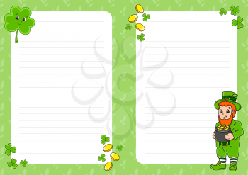 Colored sheet template for notes. Paper page for art journal, notebook. Leprechaun with a pot of gold, clover. St. Patrick's Day. Cute cartoon character. Lined sheet. Vector illustration.