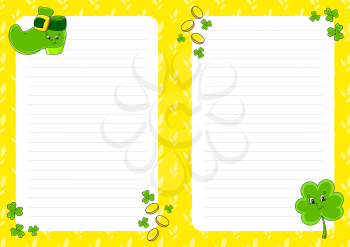 Colored sheet template for notes. Paper page for art journal, notebook. St. Patrick's Day. Cute cartoon character. Lined sheet. Vector illustration.