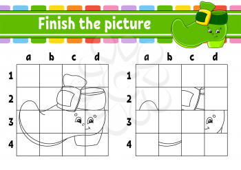 Finish the picture. Coloring book pages for kids. Education developing worksheet. Leprechaun boot. Handwriting practice. Cartoon character. Vector illustration.