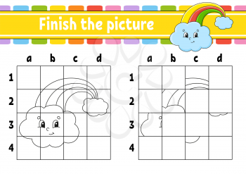 Finish the picture. Magic rainbow. Coloring book pages for kids. Education developing worksheet. Game for children. Handwriting practice. Cartoon character. Vector illustration.