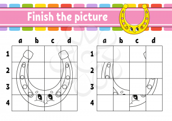 Finish the picture. Golden horseshoe. Coloring book pages for kids. Education developing worksheet. Game for children. Handwriting practice. Cartoon character. Vector illustration.