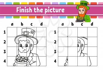 Finish the picture. Coloring book pages for kids. Education developing worksheet. Leprechaun with a pot of gold. Handwriting practice. Cartoon character. Vector illustration.