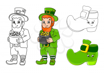 Set coloring page for kids. St. Patrick's Day. Leprechaun with a pot of gold, boot. Cute cartoon characters. Black stroke. Vector illustration. With sample.