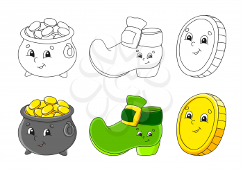 Set coloring page for kids. St. Patrick's Day. Pot of gold, Leprechaun boot, Gold coin. Cute cartoon characters. Black stroke. Vector illustration. With sample.