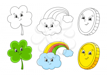 Set coloring page for kids. St. Patrick's Day. Clover shamrock. Magic rainbow. Gold coin. Cute cartoon characters. Black stroke. Vector illustration. With sample.