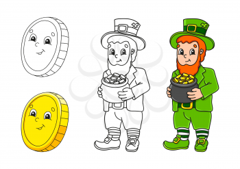Set coloring page for kids. St. Patrick's Day. Gold coin. Leprechaun with a pot of gold. Cute cartoon characters. Black stroke. Vector illustration. With sample.