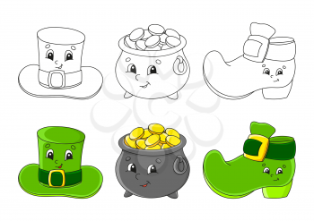 Set coloring page for kids. St. Patrick's Day. Leprechaun hat. Pot of gold. Leprechaun boot. Cute cartoon characters. Black stroke. Vector illustration. With sample.