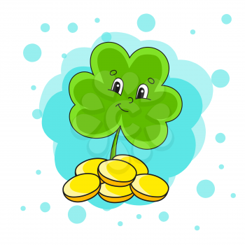 Clover with coins. Colorful vector illustration. Isolated on color abstract background. Design element. Cartoon character. St. Patrick's day.
