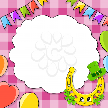 Festive color vector illustration with empty place for text. Cartoon character, balloons, garlands. For the design of greeting cards, birthdays, stickers. St. Patrick's day.