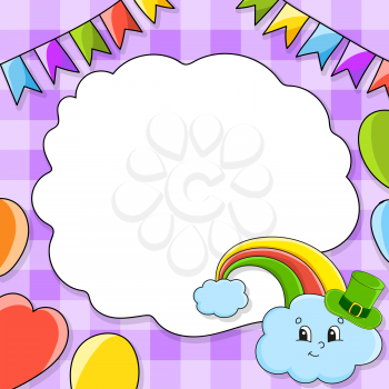 Festive color vector illustration with empty place for text. Rainbow in hat. Cartoon character, balloons, garlands. For the design of greeting cards, birthdays, stickers. St. Patrick's day.