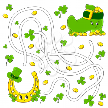 Funny maze for kids. Horseshoe, boot. St. Patrick's day. Puzzle for children. Cartoon character. Labyrinth conundrum. Color vector illustration. Find the right path.