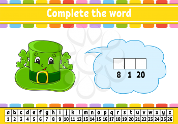 Complete the words. Cipher code. Leprechaun hat. Learning vocabulary and numbers. Education worksheet. Activity page for study English. Isolated vector illustration. Cartoon character.