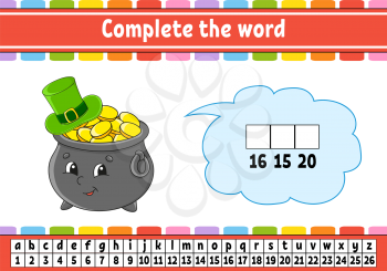 Complete the words. Cipher code. Learning vocabulary and numbers. Pot of gold in hat. Education worksheet. Activity page for study English. Isolated vector illustration. Cartoon character.