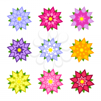 Set of flat colored abstract flowers isolated on white background. Simple design for decoration