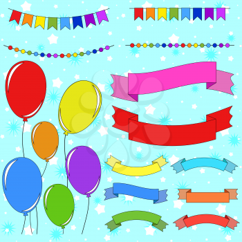 Set of flat colored isolated balloons on ropes. Set of garlands and ribbons of banners
