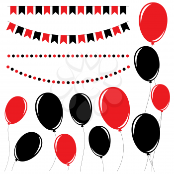 Set of flat black and red isolated silhouettes of balloons on ropes and garlands of flags.
