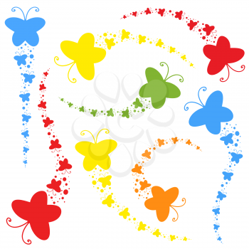 A flock of flat colored isolated butterflies flying one after another. Eight color options in the set.