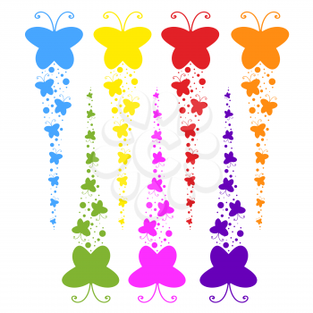 A flock of flat colored isolated butterflies flying one after another. Seven color options in the set.