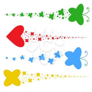 Set of colored silhouettes. A flock of abstract flat butterflies, hearts, stars flying one after another.