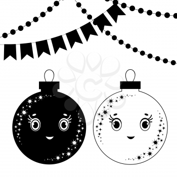 A set of flat black and white silhouettes of isolated cartoon Christmas toys balls and garlands in the form of flags on a white background