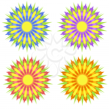 Set of flat isolated colored yellow, red, purple, blue abstract flowers on a white background. Simple design for decoration