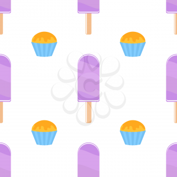 Seamless pattern of flat purple Popsicles on wooden sticks. Watered colored glaze. On a white background.
