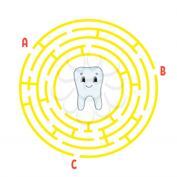 Circle maze. Game for kids. Puzzle for children. Round labyrinth conundrum. Color vector illustration. Find the right path. The development of logical and spatial thinking. Education worksheet.