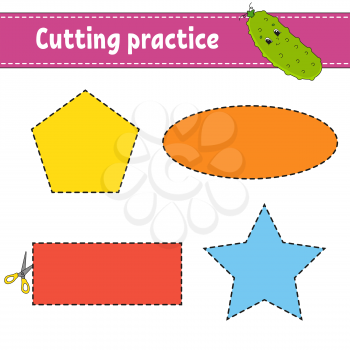 Cutting practice for kids. Education developing worksheet. Activity page with pictures. Game for children. Isolated vector illustration. Funny character. Cartoon style.