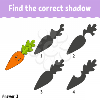 Find the correct shadow. Education developing worksheet. Matching game for kids. Activity page. Puzzle for children. Riddle for preschool. Cute character. Isolated vector illustration. Cartoon style.