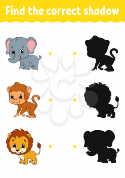 Find the correct shadow. Education developing worksheet. Matching game for kids. Activity page. Puzzle for children. Riddle for preschool. Cute character. Isolated vector illustration. Cartoon style.