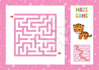 Funny maze. Game for kids. Puzzle for children. Happy character. Labyrinth conundrum. Color vector illustration. Find the right path. With answer. Isolated vector illustration. Cartoon style.