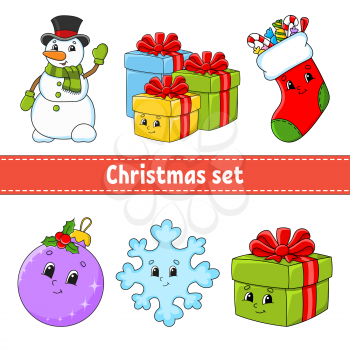 Set of christmas cute cartoon characters. Snowman, gifts, sock, bauble, snowflake, gift. Happy New Year. Hand drawn elements. Winter stickers. Color vector illustration isolated on white background.
