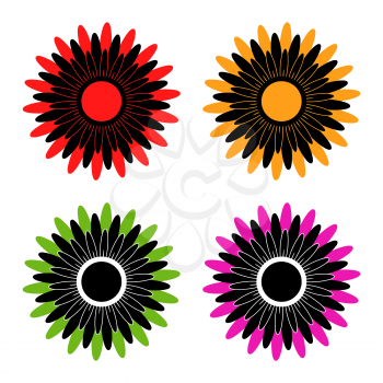 Set of four abstract flowers with black and colored petals