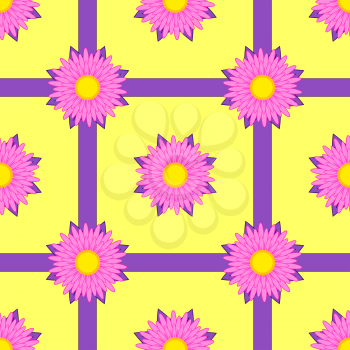 Seamless pattern of pink flowers with purple ribbons on a yellow background.